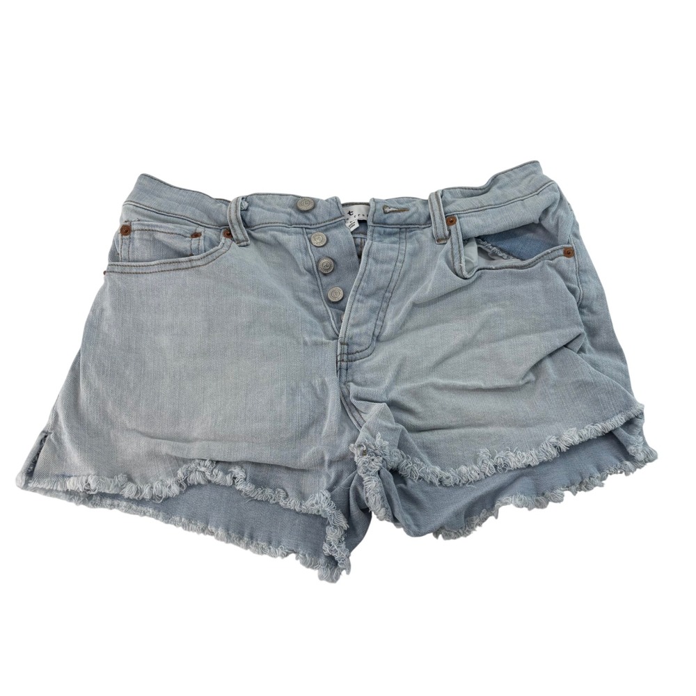 True Craft High Rise Shorty Denim Shorts Light Wash Button Fly Frayed Hem Size 6